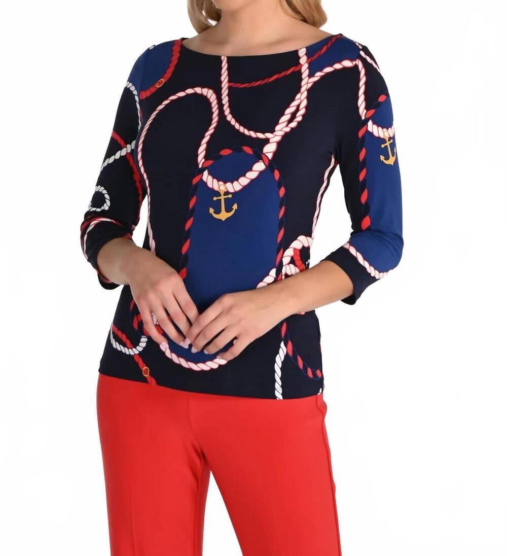 NEW FRANK LYMAN casual boat neck top in midnight/red